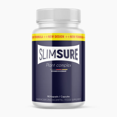 Dose mit dunklem Etikett, Schrift Slimsure Plant Complex und 90 Kapseln